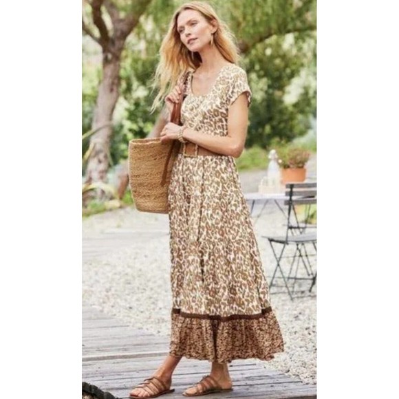 NWT Soft Surroundings Kara Tiered Midi Dress Mocha Leopard Med 10-12 Animal Tan - Picture 2 of 12